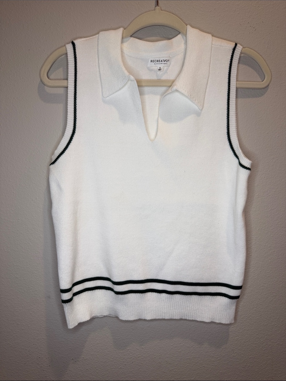Recreation White V‑Neck Knit Polo Sweater Vest with green Trim